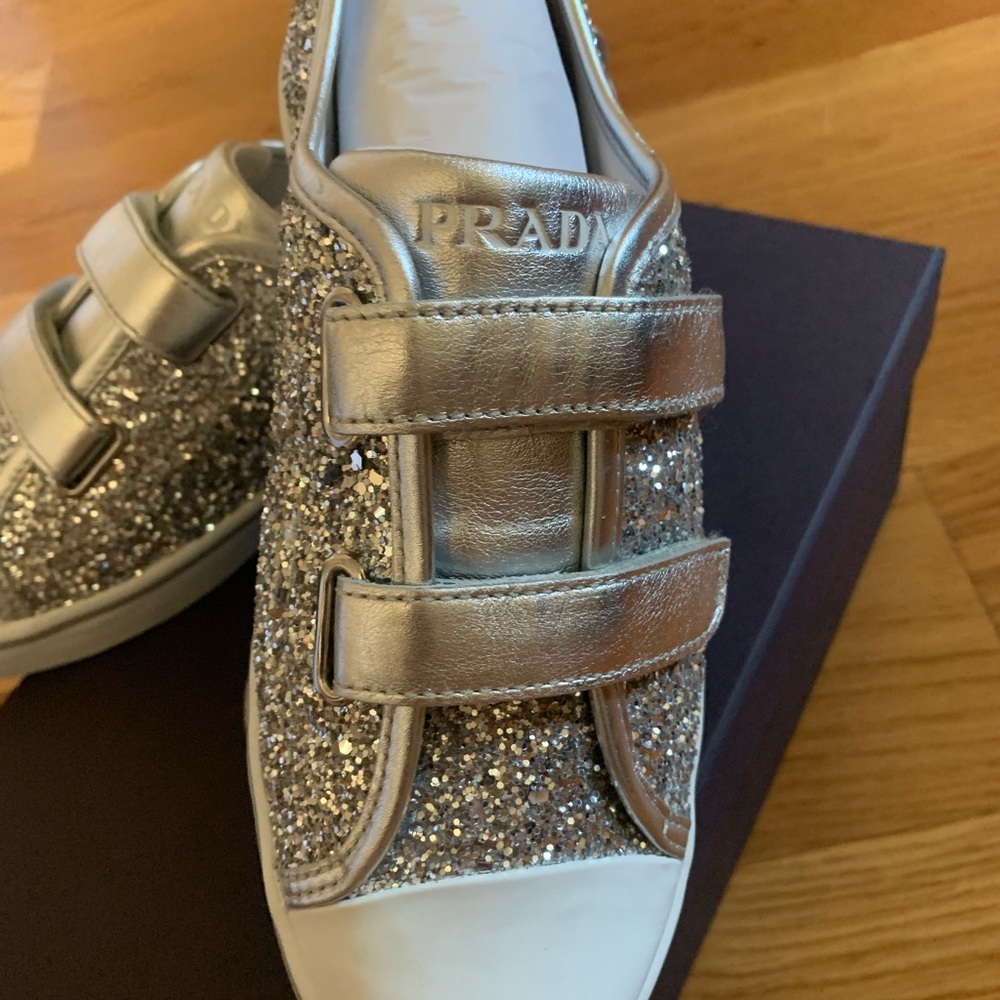 Prada silver Glitter Sneaker Silver Flat Sz 36 - Picture 2 of 5